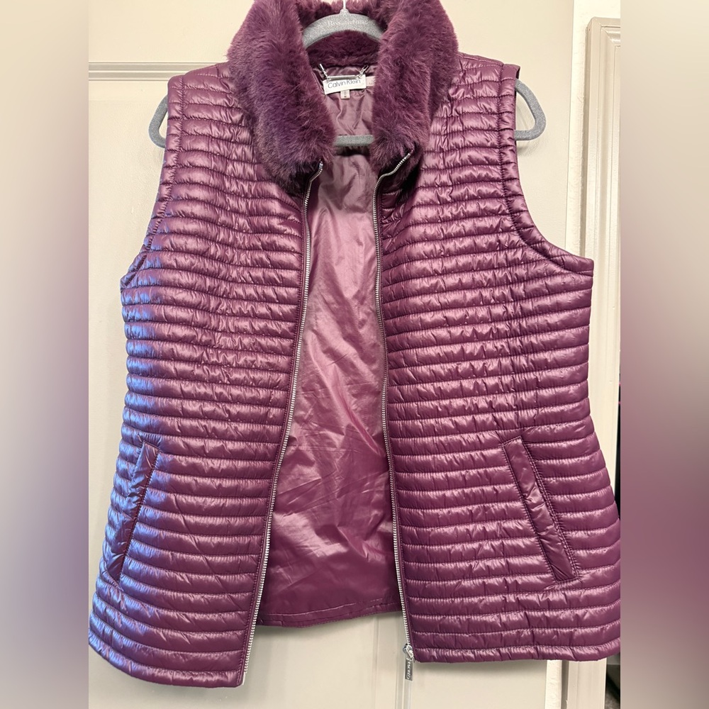 Calvin Klein Plum Quilted Vest with Faux Fur Trim